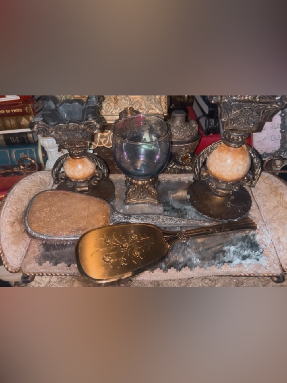 Rare Vintage 1950 Ornate Vanity Set (two hair brushes, 3 candles, 1 tray)